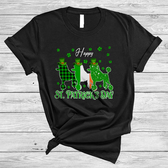 MacnyStore - Happy St. Patrick's Day, Amazing Three Ireland Flag Plaid Shamrock Poodle Lover, Irish Group T-Shirt