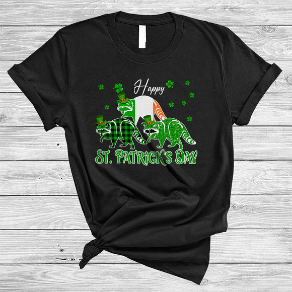MacnyStore - Happy St. Patrick's Day, Amazing Three Ireland Flag Plaid Shamrock Raccoon Lover, Irish Group T-Shirt
