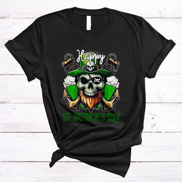 MacnyStore - Happy St. Patrick's Day, Awesome Leprechaun Pirate Skull Drinking Beer, Matching Drunk Team T-Shirt