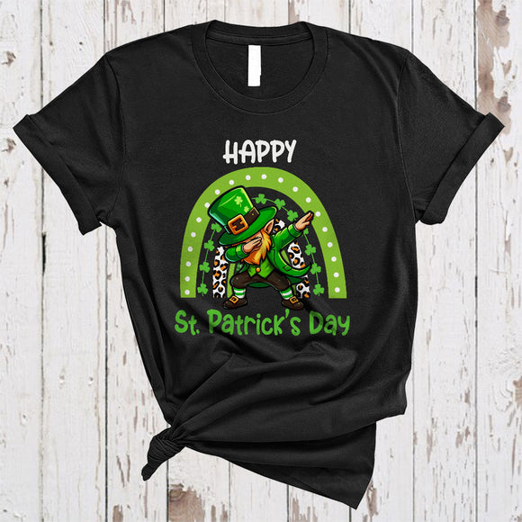 MacnyStore - Happy St. Patrick's Day, Awesome St. Patrick's Day Dabbing Leprechaun, Leopard Shamrock Rainbow T-Shirt