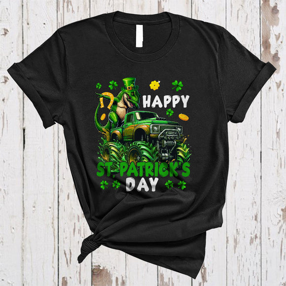 MacnyStore - Happy St. Patrick's Day, Cheerful Dabbing T-Rex On Monster Truck, Lucky Shamrock Group T-Shirt