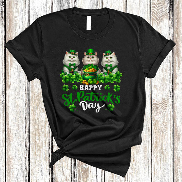 MacnyStore - Happy St. Patrick's Day, Cute Three Leprechaun British Longhair Cat Lover, Irish Shamrocks T-Shirt