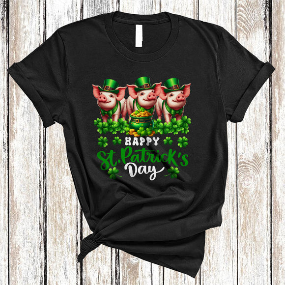 MacnyStore - Happy St. Patrick's Day, Cute Three Leprechaun Pig Lover, Irish Shamrocks Family Group T-Shirt