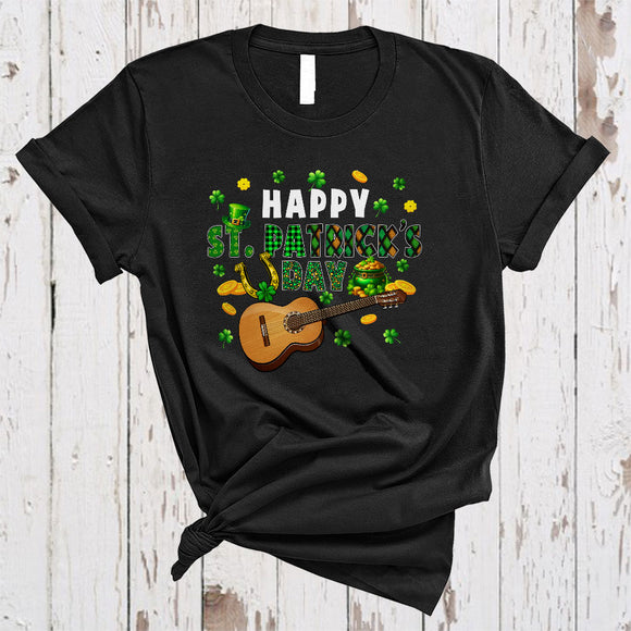 MacnyStore - Happy St. Patrick's Day, Joyful St. Patrick's Day Plaid Shamrock Guitar Player, Guitarist Group T-Shirt