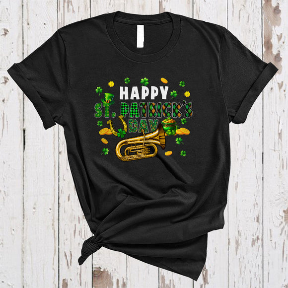 MacnyStore - Happy St. Patrick's Day, Joyful St. Patrick's Day Plaid Shamrock Tuba Player, Family Group T-Shirt