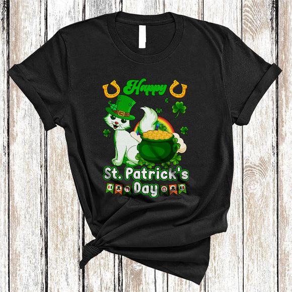 MacnyStore - Happy St. Patrick's Day, Lovely Cat Animal Lover, Lucky Shamrocks Rainbow Family Group T-Shirt