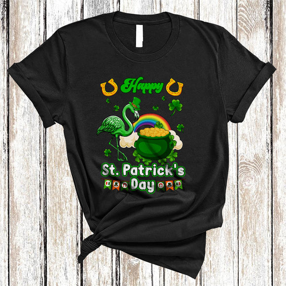 MacnyStore - Happy St. Patrick's Day, Lovely Flamingo Animal Lover, Lucky Shamrocks Rainbow Family Group T-Shirt