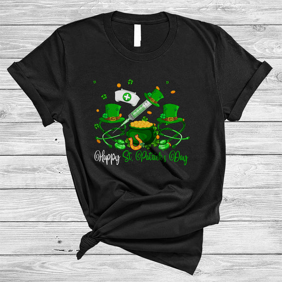 MacnyStore - Happy St. Patrick's Day, Lovely Plaid Leopard Nurse Tools, Lucky Shamrock Matching Irish Group T-Shirt
