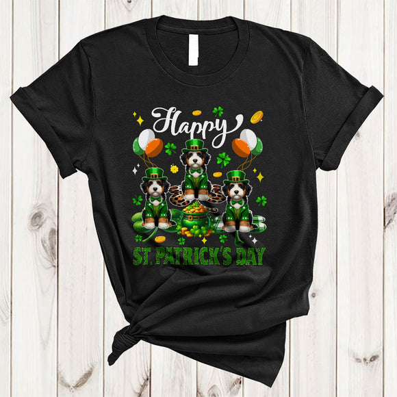 MacnyStore - Happy St. Patrick's Day, Lovely Three Bernedoodle Lover, Leopard Plaid Shamrock Irish Group T-Shirt