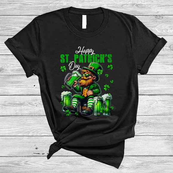 MacnyStore - Happy St. Patrick's Day, Sarcastic Leprechaun Drinking Beer, Irish Lucky Shamrock Drunk T-Shirt