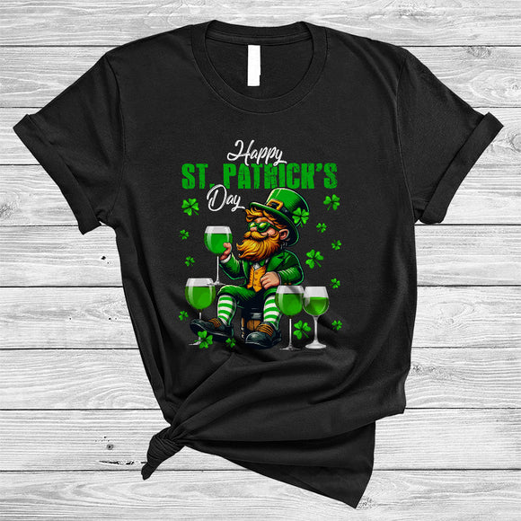 MacnyStore - Happy St. Patrick's Day, Sarcastic Leprechaun Drinking Wine, Irish Lucky Shamrock Drunk T-Shirt