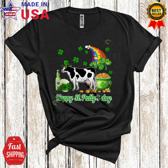 MacnyStore - Happy St. Patty's Day Cute Funny St. Patrick's Day Shamrock Leprechaun Cow Beer Drinking Farmer T-Shirt