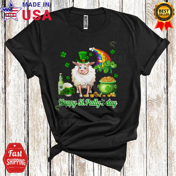 MacnyStore - Happy St. Patty's Day Cute Funny St. Patrick's Day Shamrock Leprechaun Sheep Beer Drinking Farmer T-Shirt