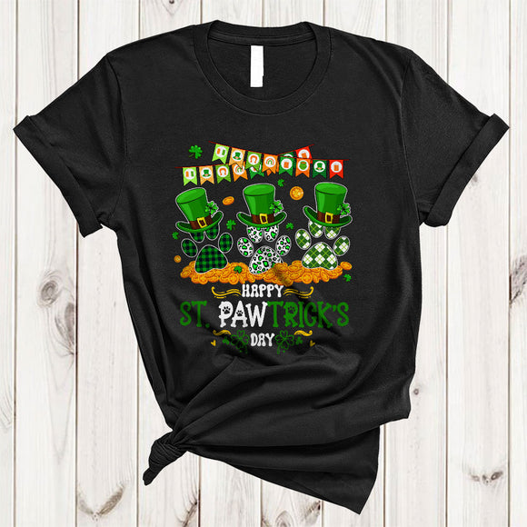 MacnyStore - Happy St. Pawtrick's Day, Joyful St. Patrick's Day Three Leprechaun Dog Paws, Leopard Plaid T-Shirt