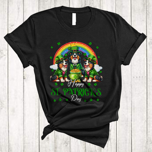 MacnyStore - Happy St.Patrick's Day, Adorable Three Border Collie With Rainbow, Lucky Shamrock T-Shirt
