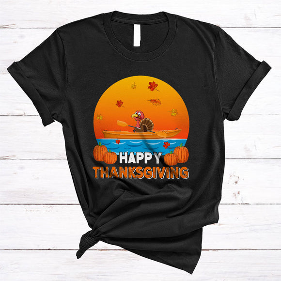 MacnyStore - Happy Thanksgiving, Adorable Thanksgiving Turkey On Kayak, Fall Leaf Pumpkin Lover T-Shirt