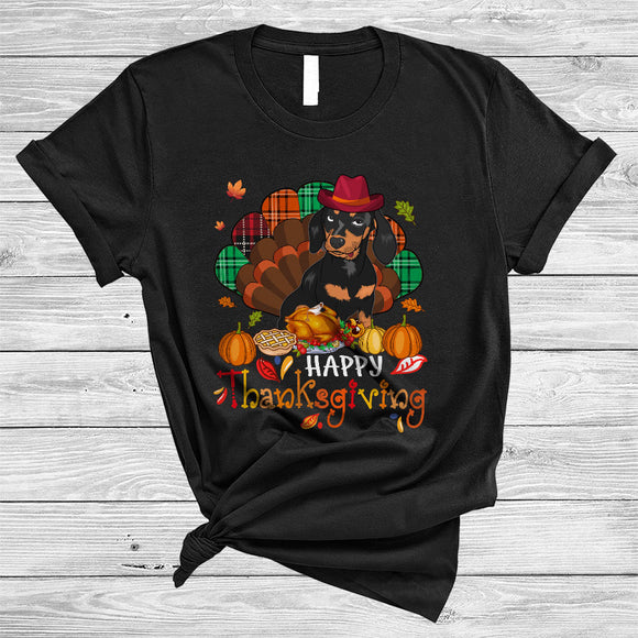MacnyStore - Happy Thanksgiving, Cool Adorable Dachshund Plaid Turkey Tail Lover, Dinner Family Group T-Shirt