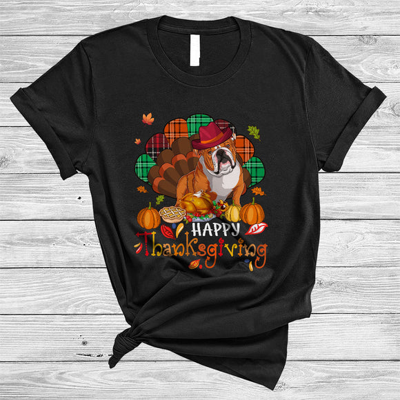 MacnyStore - Happy Thanksgiving, Cool Adorable English Bulldog Plaid Turkey Tail Lover, Dinner Family Group T-Shirt