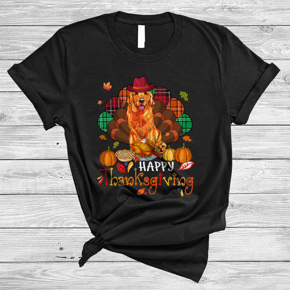 MacnyStore - Happy Thanksgiving, Cool Adorable Golden Retriever Plaid Turkey Tail Lover, Dinner Family Group T-Shirt