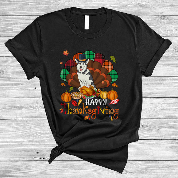 MacnyStore - Happy Thanksgiving, Cool Adorable Husky Plaid Turkey Tail Lover, Dinner Family Group T-Shirt