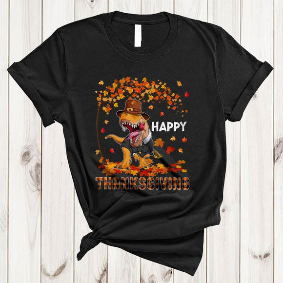 MacnyStore - Happy Thanksgiving, Cool Plaid Fall Tree Pilgrim T-Rex, Matching T-Rex Dinosaur Lover T-Shirt
