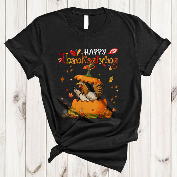 MacnyStore - Happy Thanksgiving, Cute Chicken In Pumpkin, Fall Leaf Around Matching Farm Animal Farmer T-Shirt