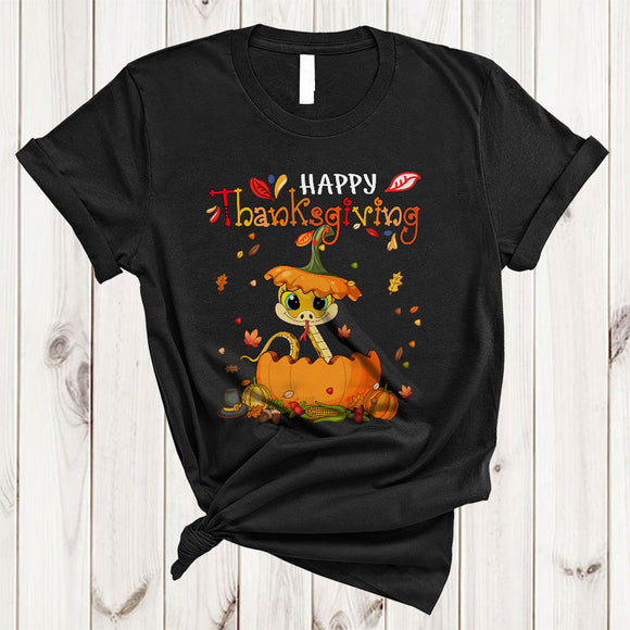 MacnyStore - Happy Thanksgiving, Cute Snake In Pumpkin, Fall Leaf Around Matching Animal Lover T-Shirt