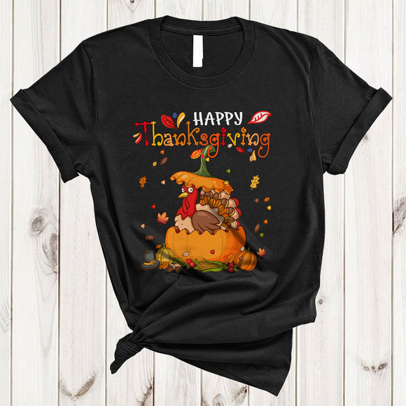 MacnyStore - Happy Thanksgiving, Cute Turkey In Pumpkin, Fall Leaf Around Matching Animal Lover T-Shirt