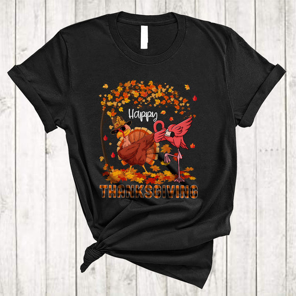 MacnyStore - Happy Thanksgiving, Funny Plaid Turkey Flamingo Dabbing, Autumn Fall Tree Leaf Family T-Shirt