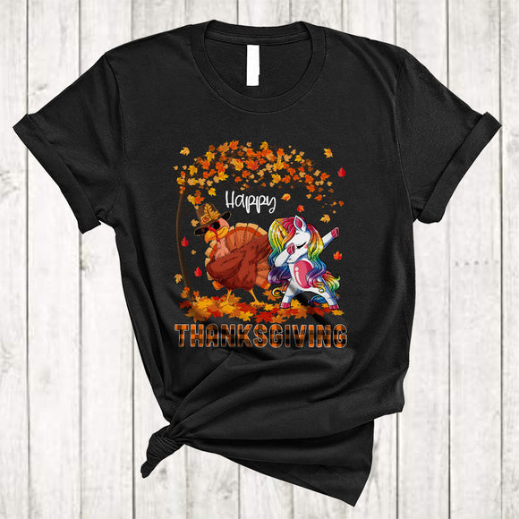 MacnyStore - Happy Thanksgiving, Funny Plaid Turkey Unicorn Dabbing, Autumn Fall Tree Leaf Family T-Shirt