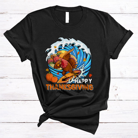 MacnyStore - Happy Thanksgiving, Humorous Dabbing Turkey Surfing, Matching Fall Leaf Pumpkin Lover T-Shirt