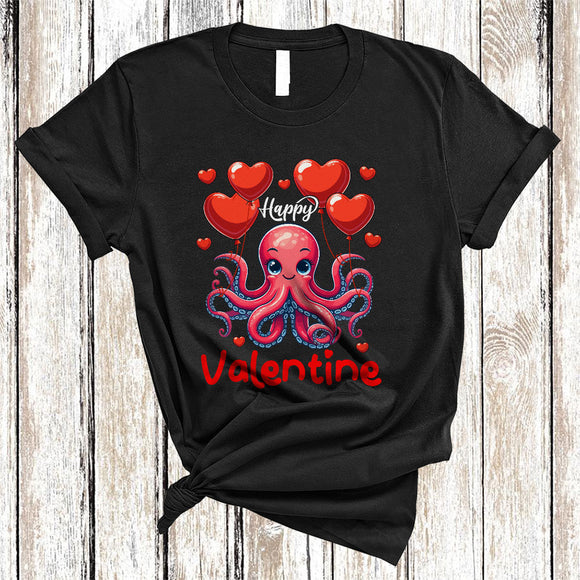 MacnyStore - Happy Valentine, Lovely Valentine's Day Octopus Holding Heart Balloons, Sea Animal Lover T-Shirt