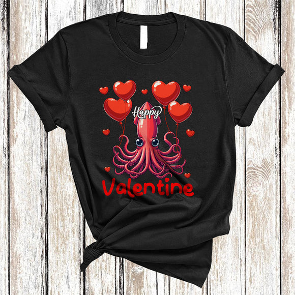MacnyStore - Happy Valentine, Lovely Valentine's Day Squid Holding Heart Balloons, Sea Animal Lover T-Shirt