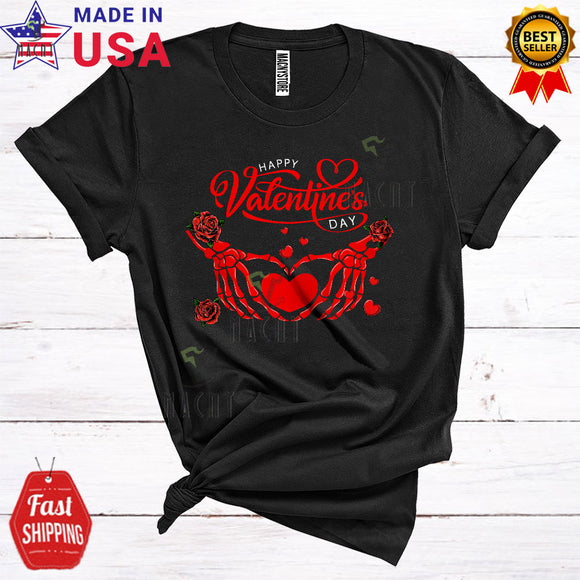 MacnyStore - Happy Valentine's Day Cool Funny Valentine Roses Skeleton Hand Heart Shape Matching Couple T-Shirt