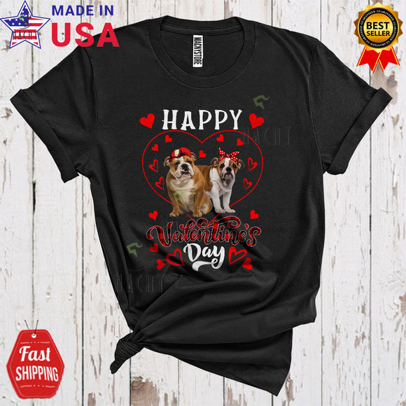 MacnyStore - Happy Valentine's Day Cute Cool Valentine Heart Shape Plaid Couple Bulldog Dogs Lover T-Shirt
