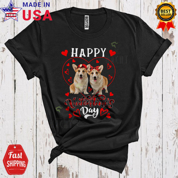 MacnyStore - Happy Valentine's Day Cute Cool Valentine Heart Shape Plaid Couple Corgi Dogs Lover T-Shirt