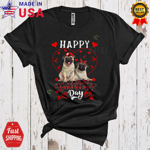 MacnyStore - Happy Valentine's Day Cute Cool Valentine Heart Shape Plaid Couple Pug Dogs Lover T-Shirt