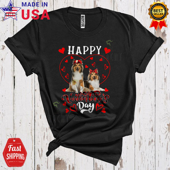 MacnyStore - Happy Valentine's Day Cute Cool Valentine Heart Shape Plaid Couple Shetland Sheepdog Dogs Lover T-Shirt