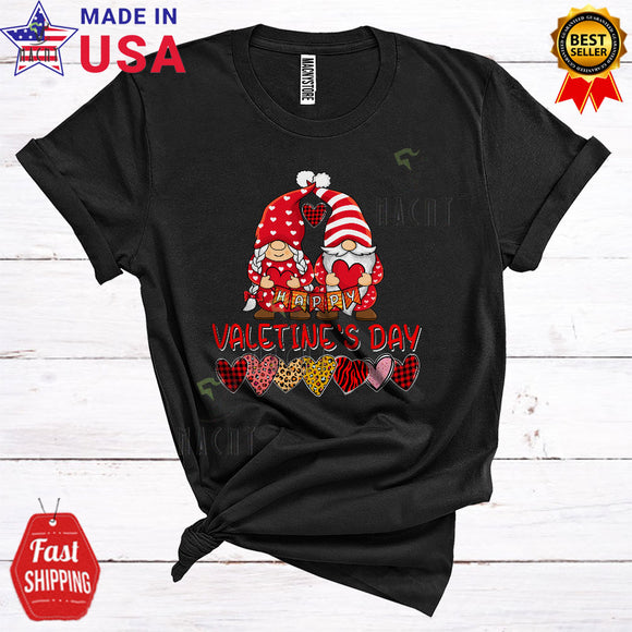 MacnyStore - Happy Valentine's Day Cute Cool Valentine Leopard Plaid Hearts With Gnomes Gnomies Matching Couple T-Shirt