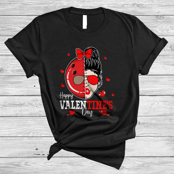 MacnyStore - Happy Valentine's Day, Awesome Valentine Half Messy Bun Hair Bowling, Matching Sport Player Team T-Shirt