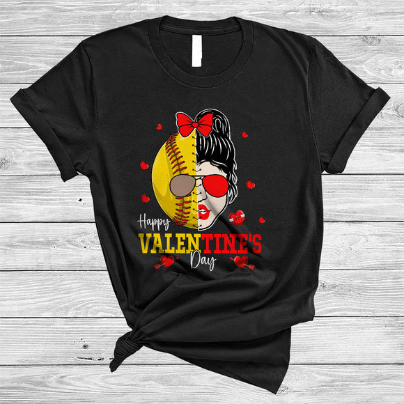MacnyStore - Happy Valentine's Day, Awesome Valentine Half Messy Bun Hair Softball, Matching Sport Player Team T-Shirt