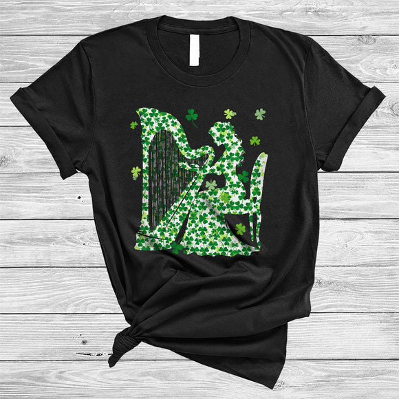 MacnyStore - Harp Player Shape Shamrock, Joyful St. Patrick's Day Harp Lover, Lucky Shamrock T-Shirt