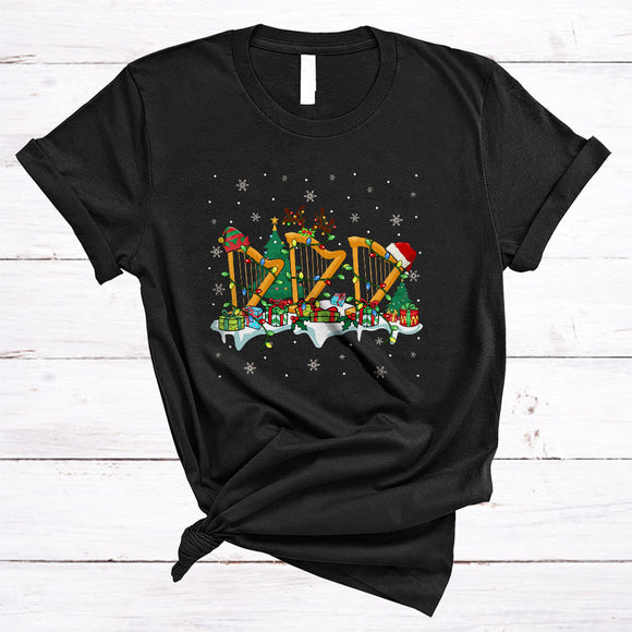 MacnyStore - Harp With X-mas Tree, Colorful Christmas Musical Instruments Player, X-mas Snow Around T-Shirt