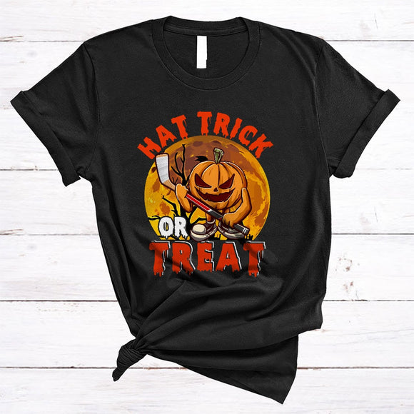 MacnyStore - Hat Trick Or Treat, Scary Creepy Halloween Blood Moon Pumpkin Hockey Player, Sport Team Trainer T-Shirt