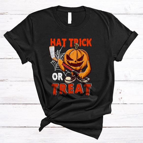 MacnyStore - Hat Trick Or Treat, Scary Creepy Halloween Pumpkin Hockey Player, Sport Team Trainer T-Shirt