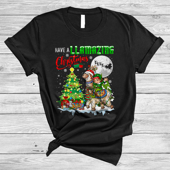 MacnyStore - Have A Llamazing Christmas Cute Matching Xmas Snow Tree Santa ELF Riding Llama Reindeer T-Shirt