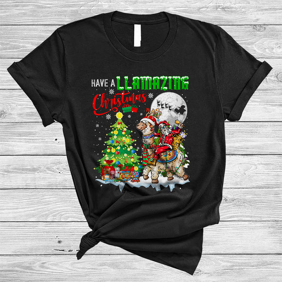 MacnyStore - Have A Llamazing Christmas Cute Matching Xmas Snow Tree Santa Santa Riding Llama Reindeer T-Shirt