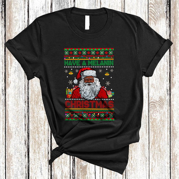 MacnyStore - Have A Melanin Christmas, Sarcastic Sweater Santa Man African American, Black Afro Proud T-Shirt