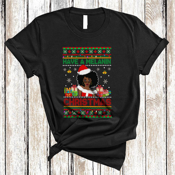 MacnyStore - Have A Melanin Christmas, Sarcastic Sweater Santa Women African American, Black Afro Proud T-Shirt