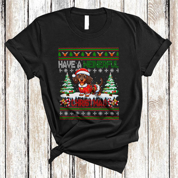 MacnyStore - Have A Weinerful Christmas, Humorous X-mas Sweater Santa Dachshund, X-mas Tree Snow T-Shirt